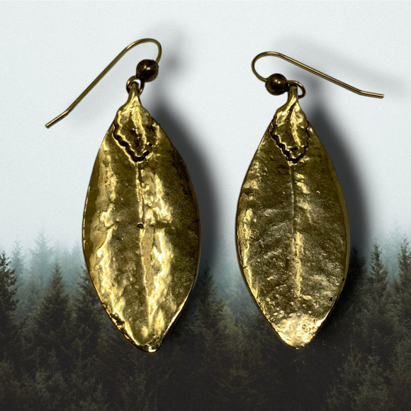 Vintage Y2K Gold Tone Abstract Leaf Pierced Dangle Drop Earrings Modernist - Picture 1 of 5